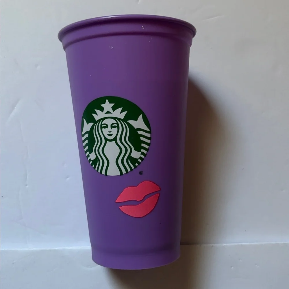 Starbucks | Bundle of Two Reusable Coffee Cups Orange + Purple Lip Kiss Imprint
